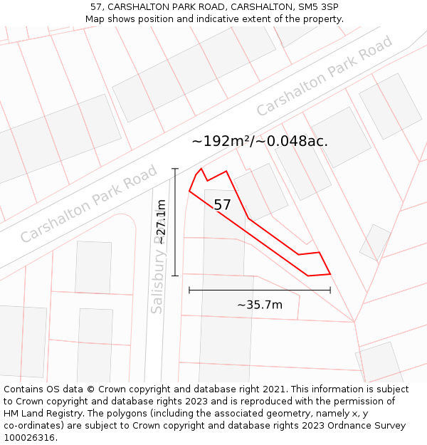 57, CARSHALTON PARK ROAD, CARSHALTON, SM5 3SP: Plot and title map