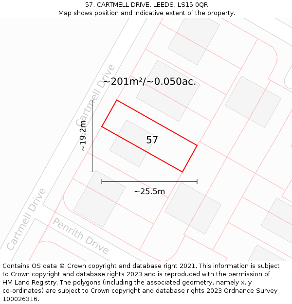 57, CARTMELL DRIVE, LEEDS, LS15 0QR: Plot and title map