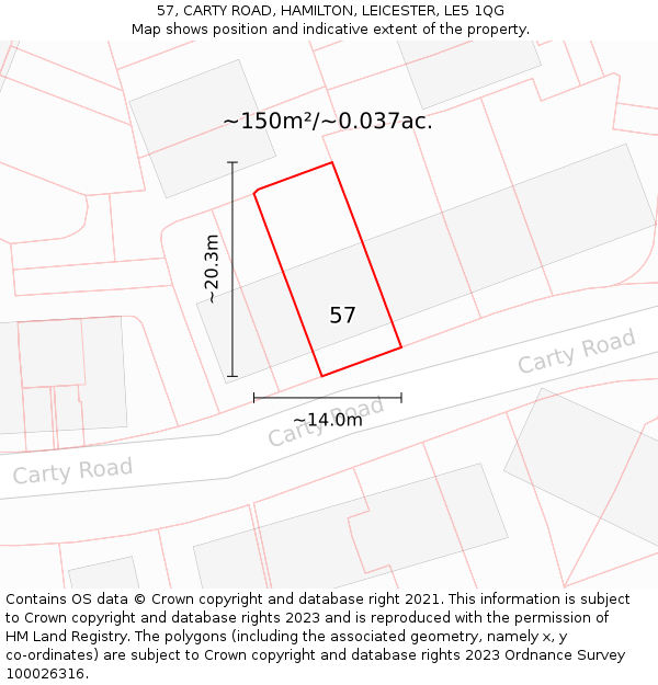 57, CARTY ROAD, HAMILTON, LEICESTER, LE5 1QG: Plot and title map