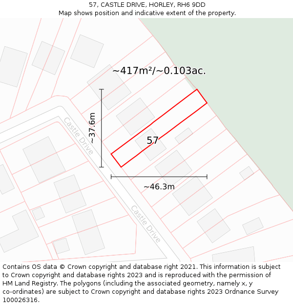 57, CASTLE DRIVE, HORLEY, RH6 9DD: Plot and title map