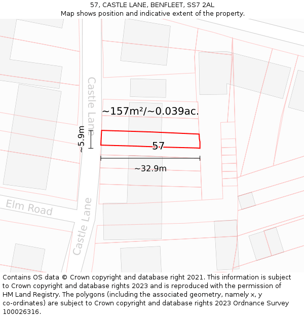 57, CASTLE LANE, BENFLEET, SS7 2AL: Plot and title map