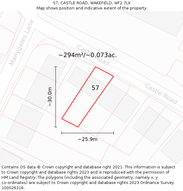 57, CASTLE ROAD, WAKEFIELD, WF2 7LX: Plot and title map