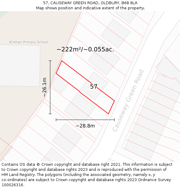 57, CAUSEWAY GREEN ROAD, OLDBURY, B68 8LA: Plot and title map