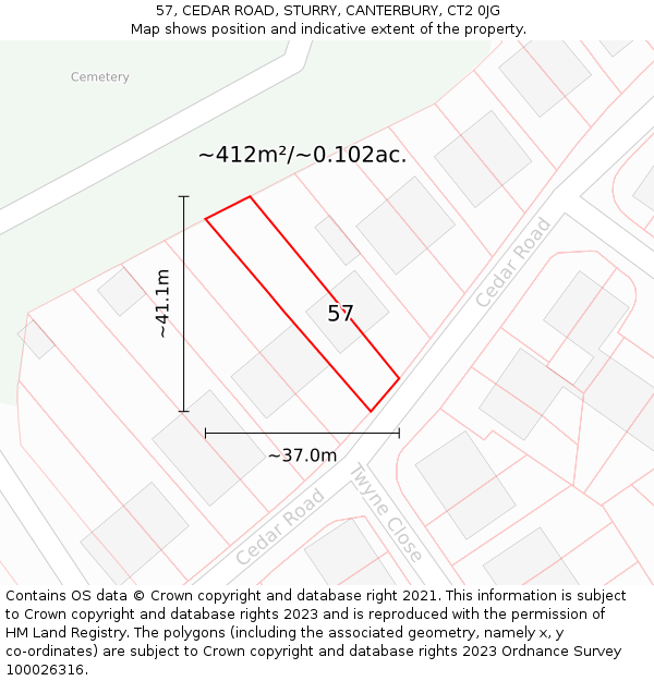 57, CEDAR ROAD, STURRY, CANTERBURY, CT2 0JG: Plot and title map