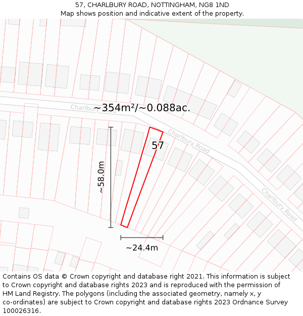 57, CHARLBURY ROAD, NOTTINGHAM, NG8 1ND: Plot and title map