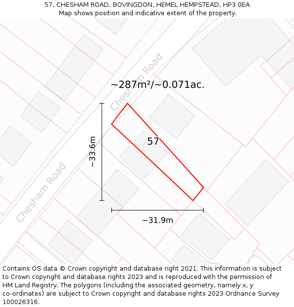57, CHESHAM ROAD, BOVINGDON, HEMEL HEMPSTEAD, HP3 0EA: Plot and title map