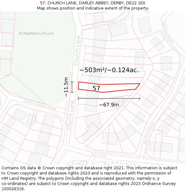 57, CHURCH LANE, DARLEY ABBEY, DERBY, DE22 1EX: Plot and title map