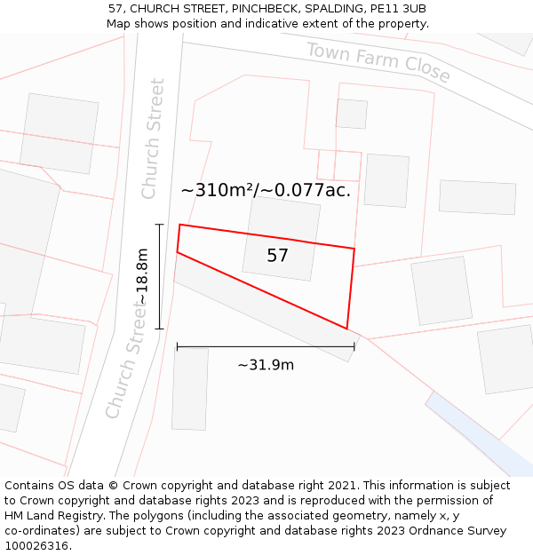 57, CHURCH STREET, PINCHBECK, SPALDING, PE11 3UB: Plot and title map