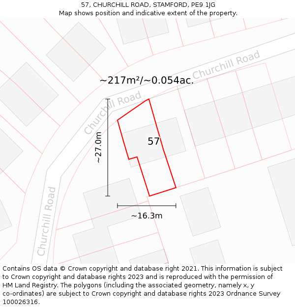 57, CHURCHILL ROAD, STAMFORD, PE9 1JG: Plot and title map