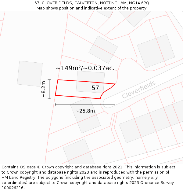 57, CLOVER FIELDS, CALVERTON, NOTTINGHAM, NG14 6PQ: Plot and title map