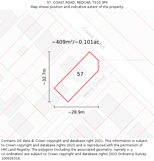 57, COAST ROAD, REDCAR, TS10 3PP: Plot and title map