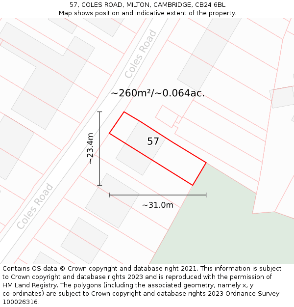 57, COLES ROAD, MILTON, CAMBRIDGE, CB24 6BL: Plot and title map