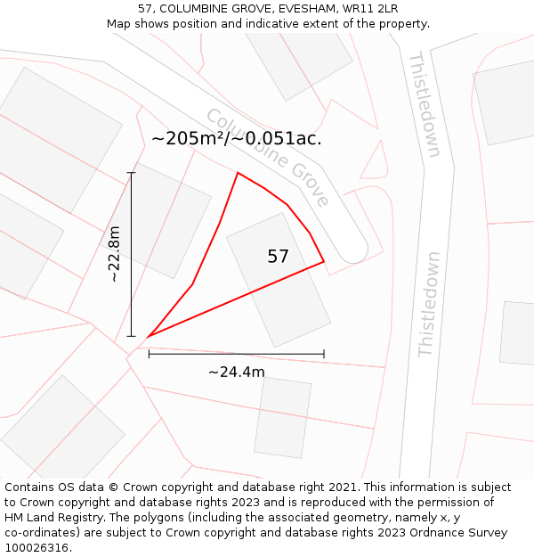 57, COLUMBINE GROVE, EVESHAM, WR11 2LR: Plot and title map