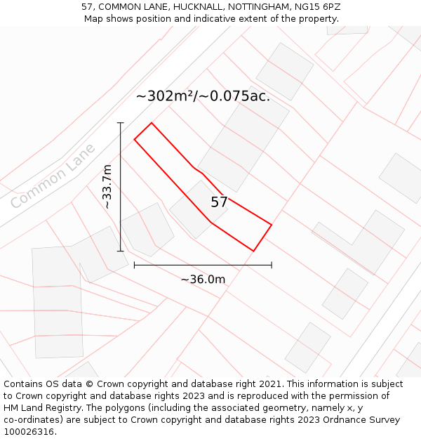 57, COMMON LANE, HUCKNALL, NOTTINGHAM, NG15 6PZ: Plot and title map