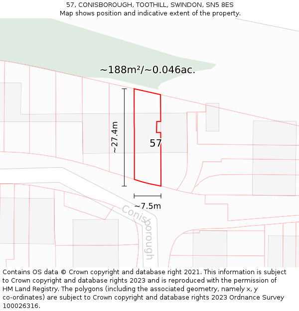 57, CONISBOROUGH, TOOTHILL, SWINDON, SN5 8ES: Plot and title map