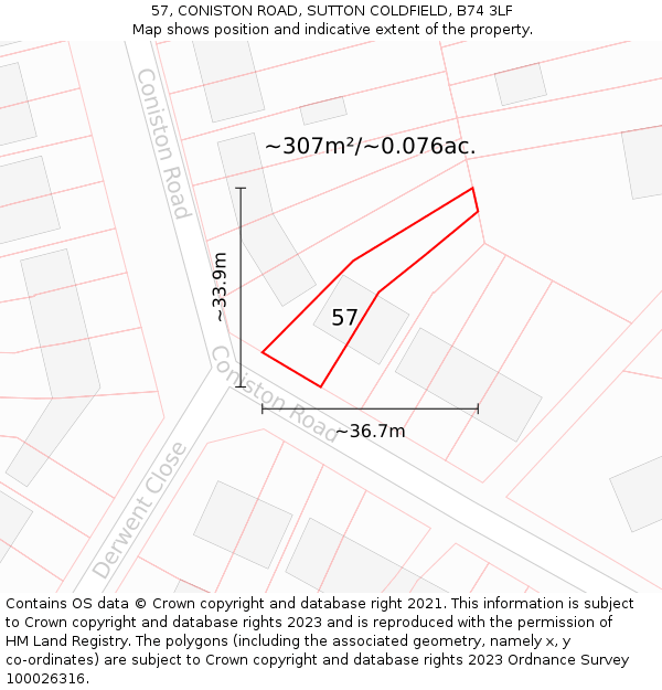 57, CONISTON ROAD, SUTTON COLDFIELD, B74 3LF: Plot and title map