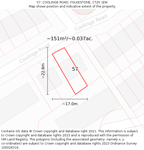 57, COOLINGE ROAD, FOLKESTONE, CT20 1EW: Plot and title map