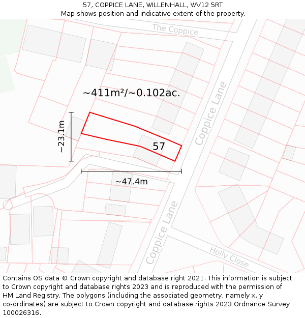 57, COPPICE LANE, WILLENHALL, WV12 5RT: Plot and title map
