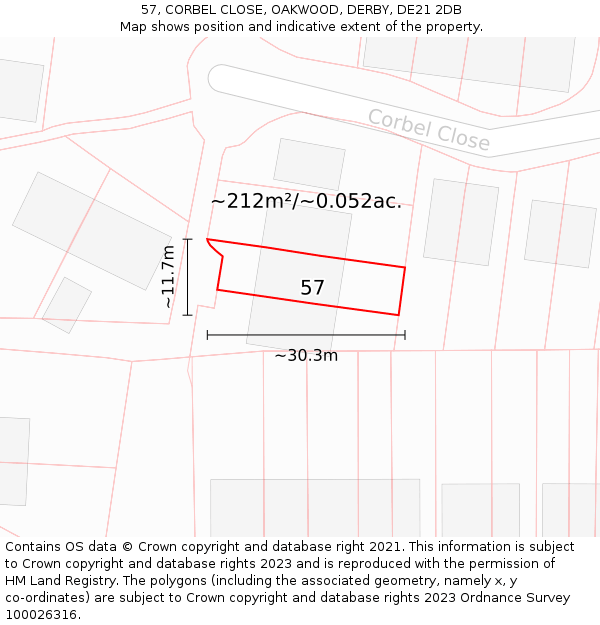 57, CORBEL CLOSE, OAKWOOD, DERBY, DE21 2DB: Plot and title map