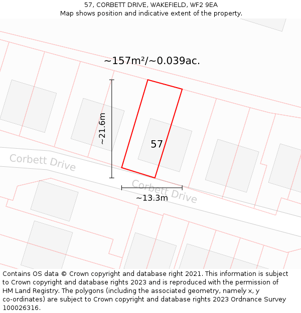 57, CORBETT DRIVE, WAKEFIELD, WF2 9EA: Plot and title map