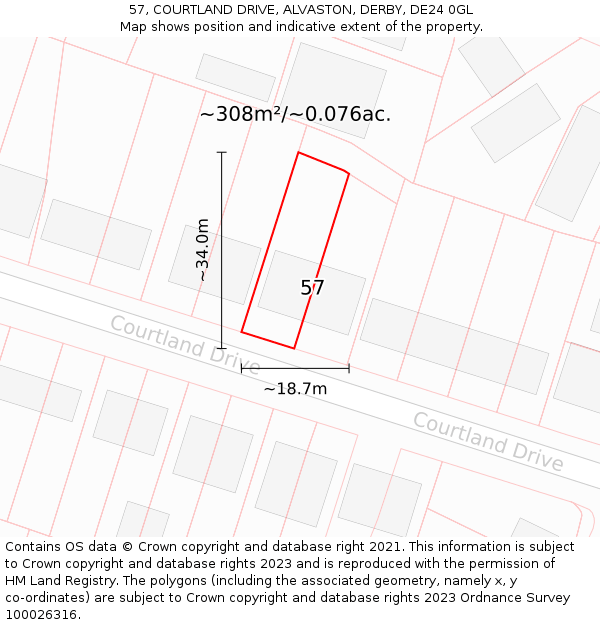 57, COURTLAND DRIVE, ALVASTON, DERBY, DE24 0GL: Plot and title map