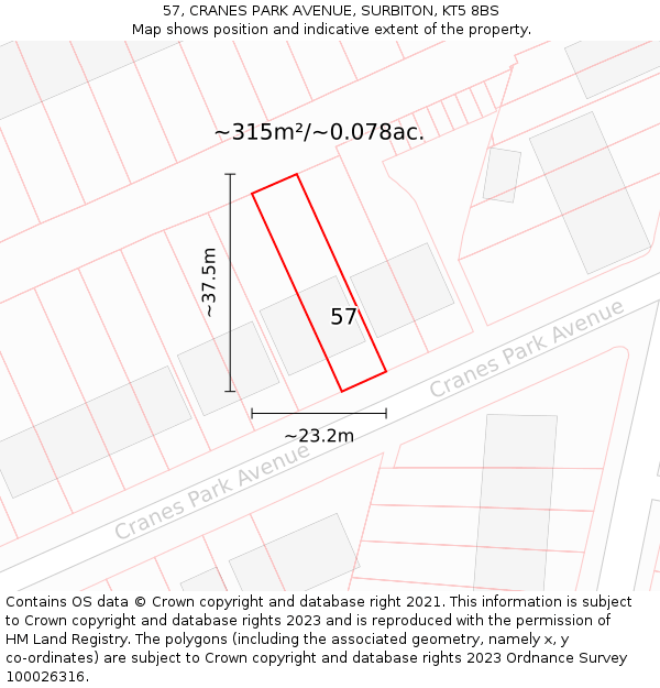 57, CRANES PARK AVENUE, SURBITON, KT5 8BS: Plot and title map