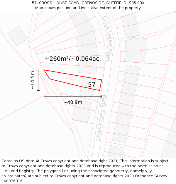 57, CROSS HOUSE ROAD, GRENOSIDE, SHEFFIELD, S35 8RX: Plot and title map