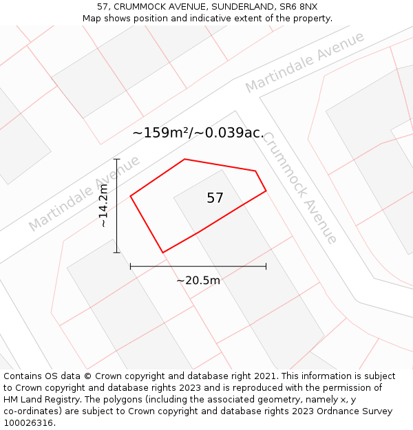 57, CRUMMOCK AVENUE, SUNDERLAND, SR6 8NX: Plot and title map