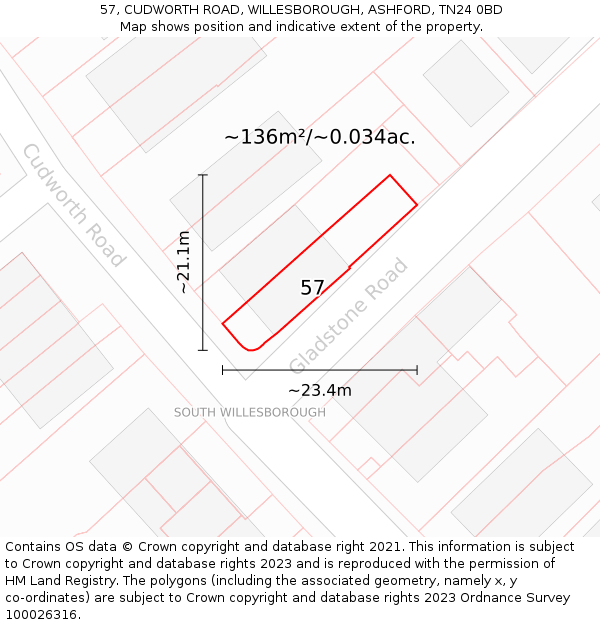 57, CUDWORTH ROAD, WILLESBOROUGH, ASHFORD, TN24 0BD: Plot and title map