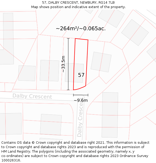 57, DALBY CRESCENT, NEWBURY, RG14 7LB: Plot and title map