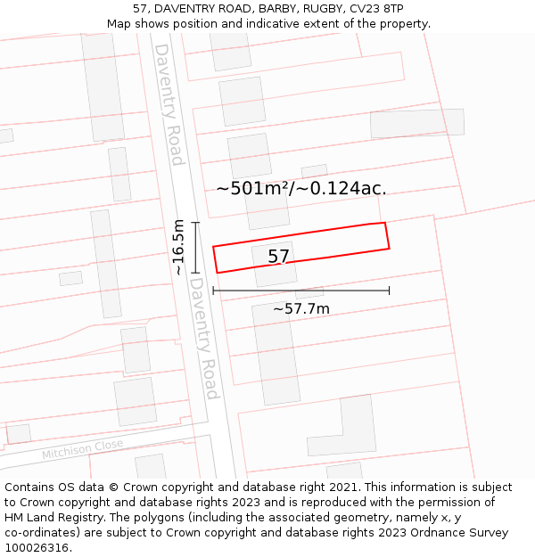 57, DAVENTRY ROAD, BARBY, RUGBY, CV23 8TP: Plot and title map