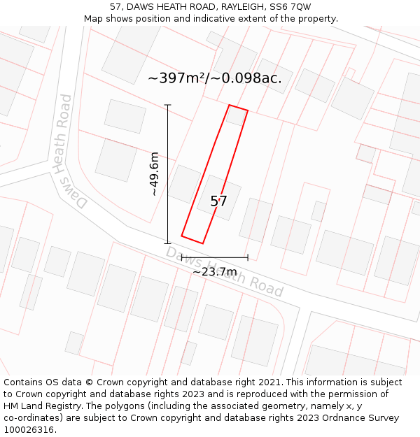 57, DAWS HEATH ROAD, RAYLEIGH, SS6 7QW: Plot and title map