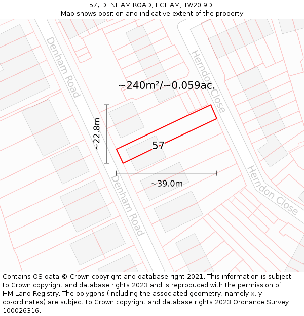 57, DENHAM ROAD, EGHAM, TW20 9DF: Plot and title map