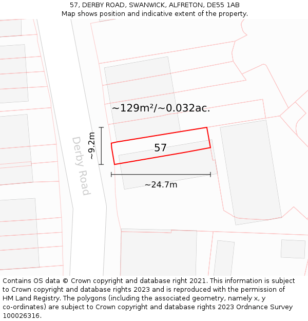 57, DERBY ROAD, SWANWICK, ALFRETON, DE55 1AB: Plot and title map