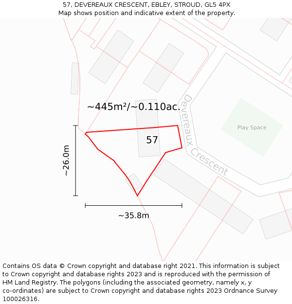 57, DEVEREAUX CRESCENT, EBLEY, STROUD, GL5 4PX: Plot and title map