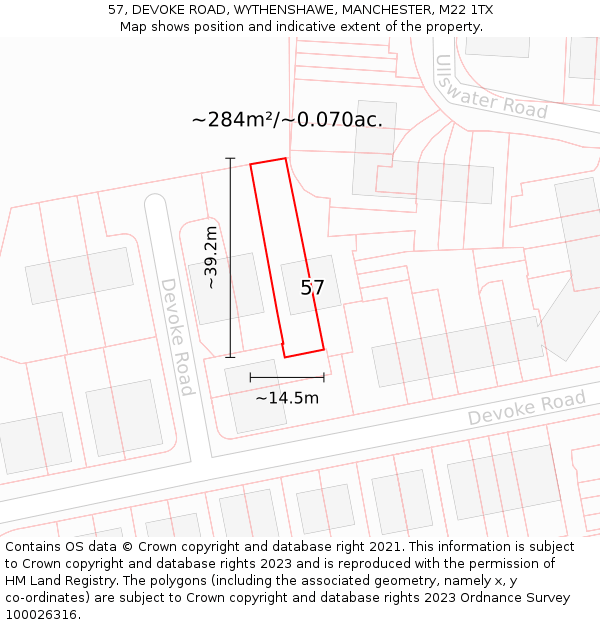 57, DEVOKE ROAD, WYTHENSHAWE, MANCHESTER, M22 1TX: Plot and title map