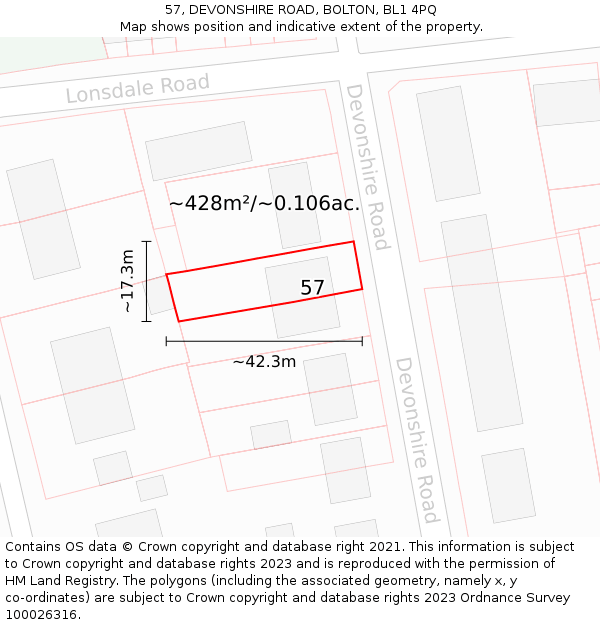 57, DEVONSHIRE ROAD, BOLTON, BL1 4PQ: Plot and title map