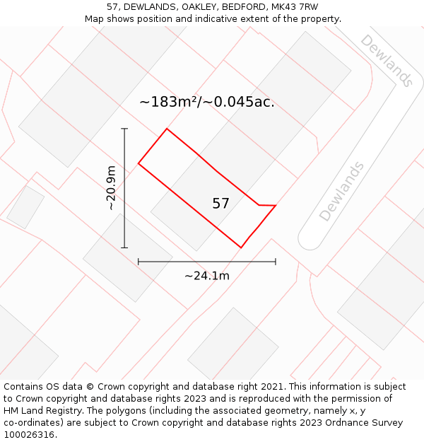 57, DEWLANDS, OAKLEY, BEDFORD, MK43 7RW: Plot and title map