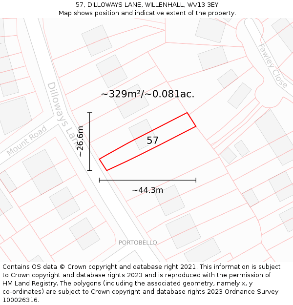 57, DILLOWAYS LANE, WILLENHALL, WV13 3EY: Plot and title map