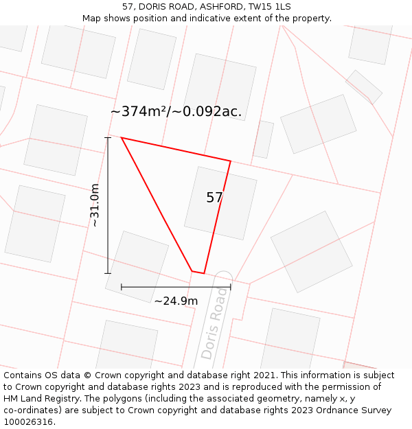 57, DORIS ROAD, ASHFORD, TW15 1LS: Plot and title map
