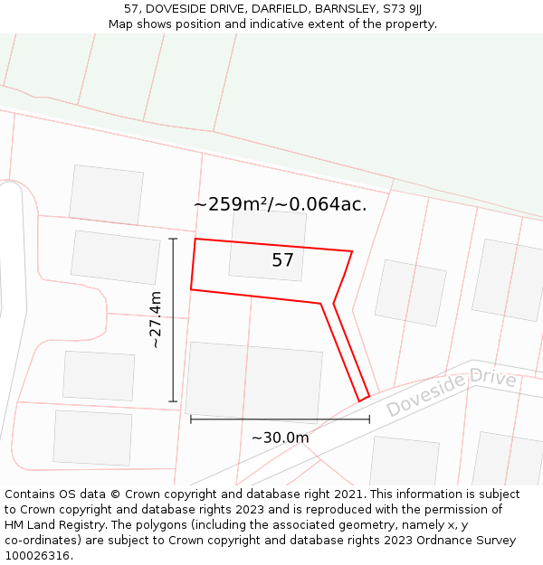 57, DOVESIDE DRIVE, DARFIELD, BARNSLEY, S73 9JJ: Plot and title map