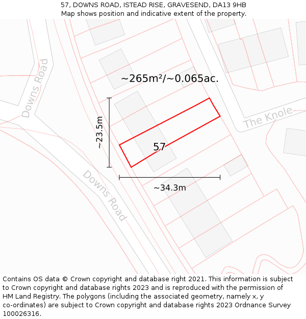 57, DOWNS ROAD, ISTEAD RISE, GRAVESEND, DA13 9HB: Plot and title map