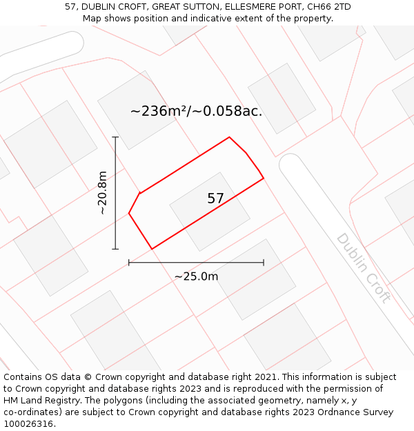 57, DUBLIN CROFT, GREAT SUTTON, ELLESMERE PORT, CH66 2TD: Plot and title map