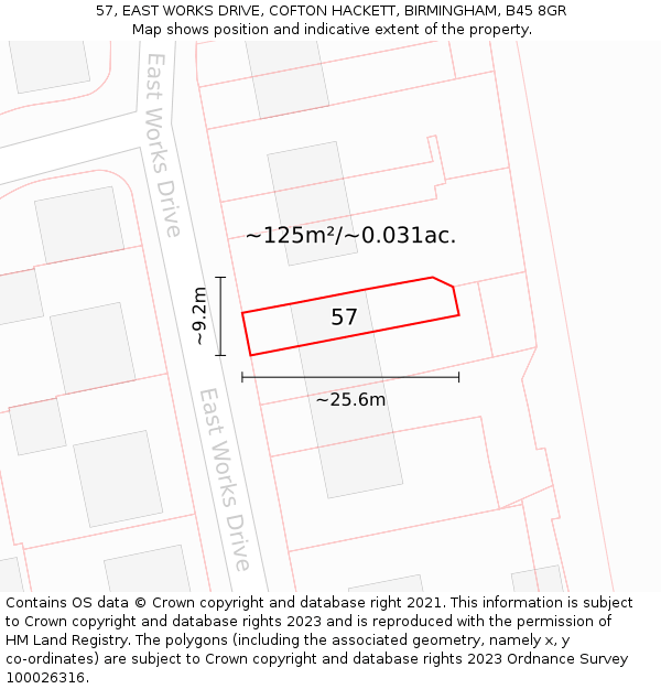 57, EAST WORKS DRIVE, COFTON HACKETT, BIRMINGHAM, B45 8GR: Plot and title map