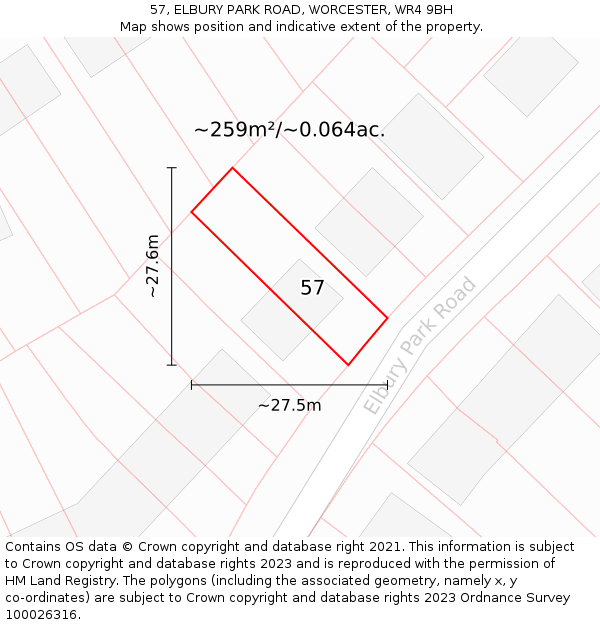 57, ELBURY PARK ROAD, WORCESTER, WR4 9BH: Plot and title map