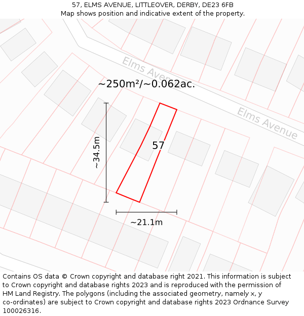 57, ELMS AVENUE, LITTLEOVER, DERBY, DE23 6FB: Plot and title map