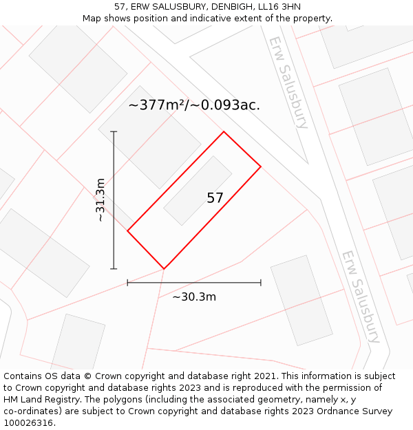 57, ERW SALUSBURY, DENBIGH, LL16 3HN: Plot and title map