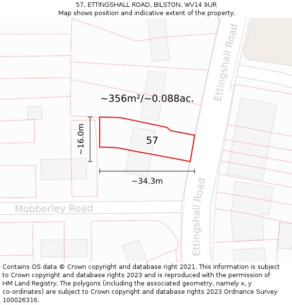57, ETTINGSHALL ROAD, BILSTON, WV14 9UR: Plot and title map