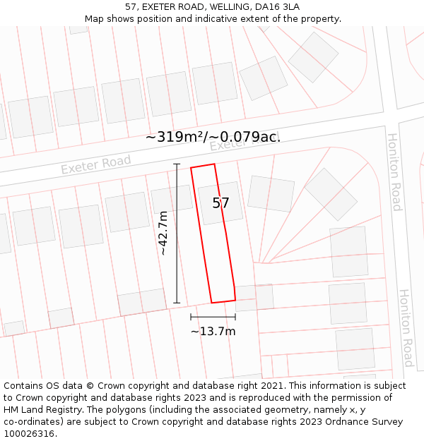 57, EXETER ROAD, WELLING, DA16 3LA: Plot and title map