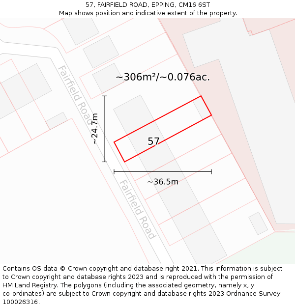 57, FAIRFIELD ROAD, EPPING, CM16 6ST: Plot and title map